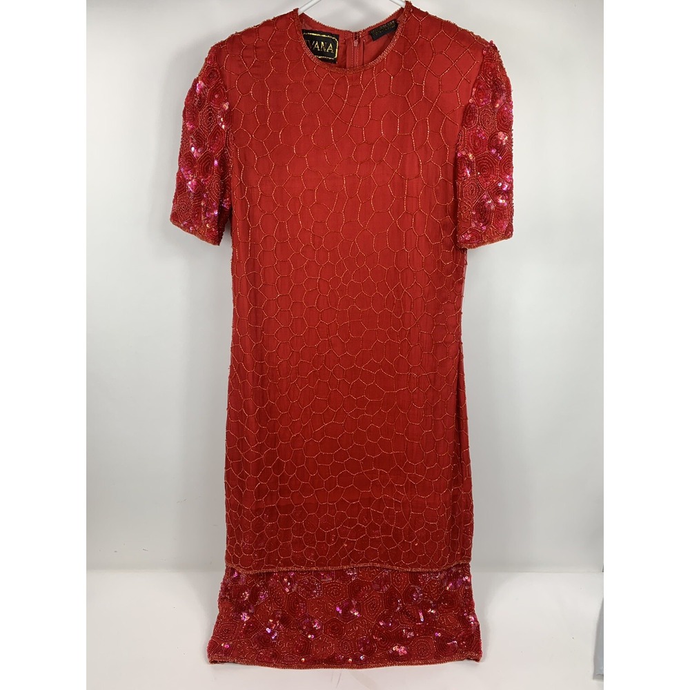 IVANA 100% Silk Handmade Formal Gown Beaded Wedding Flapper Style Red Size 6